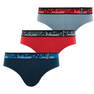 Athena | Lot de 3 slips bleu, gris et rouge en coton stretch - Pulse