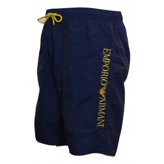 Emporio Armani | Bermuda de bain bleu à lettres jaunes en polyamide - Embroidery logo (Gauche)